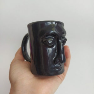 Handmade Black Ceramic Coffee Cup / Cup with face / Unique Coffee Mug / Minimalist cup