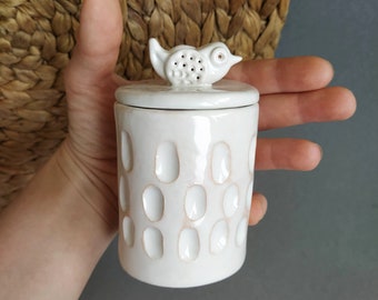 White Ceramic Sugar bowl / Small honey Pot / Ceramic Sugar bowl with bird / Ceramic container for salt / Ceramic Box