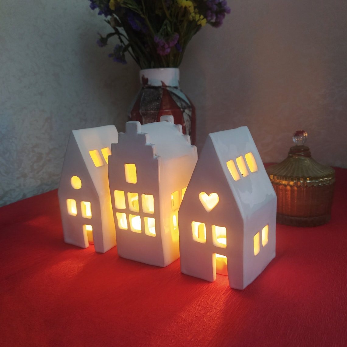 Set of 3 White Ceramic Candle Houses / Handmade Ceramic and Etsy UK