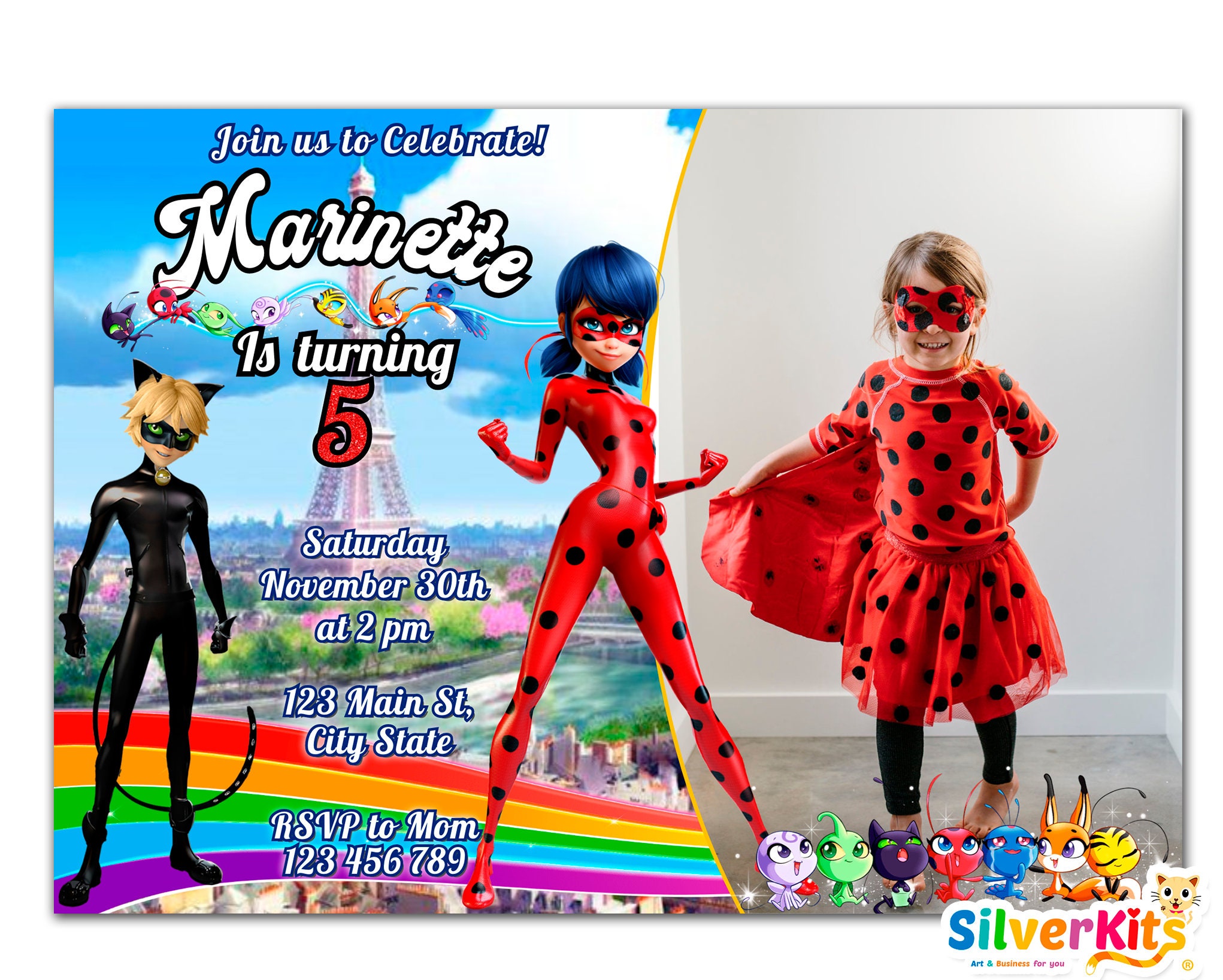 Miraculous Ladybug party Invitation with photo Cat Noir Etsy