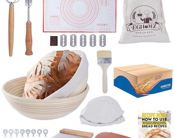 Juego de 34 cestas redondas para fermentar pan Banneton (2 de 23 y 25 cm). Incluye pincel y tapete para hornear, lámina para pan con 5 cuchillas y batidor de masa.