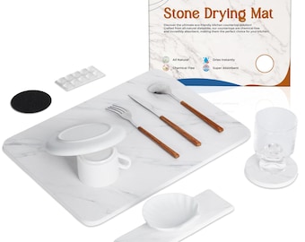 Tapete de piedra para secar platos y tazas en la cocina - Tapete de piedra de secado rápido para la encimera de la cocina, perfecto para secar tazas y platos (16 x 12 pulgadas, BLANCO)