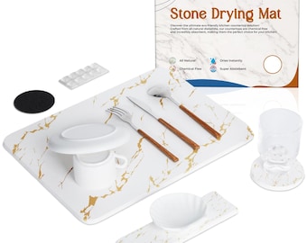 Tapete de piedra para secar platos y tazas en la cocina - Tapete de piedra de secado rápido para la encimera de la cocina, perfecto para secar tazas y platos (16 x 12 pulgadas, blanco y dorado)