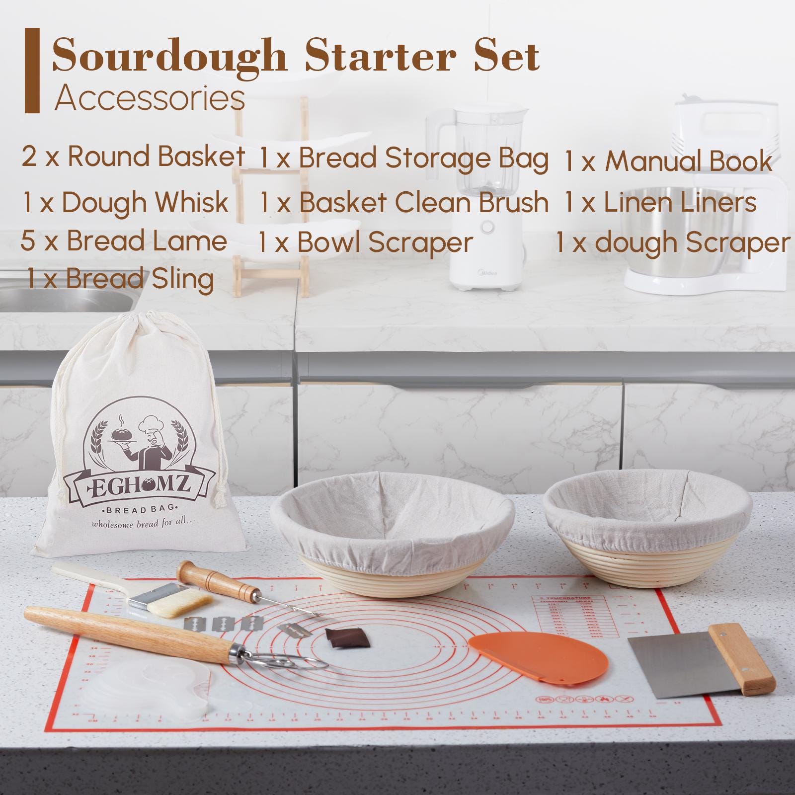 Kitchennest Sourdough Banneton Proofing Basket Set - 14-Piece Kit With Oval & Round Rattan Baskets, Lame, Mat