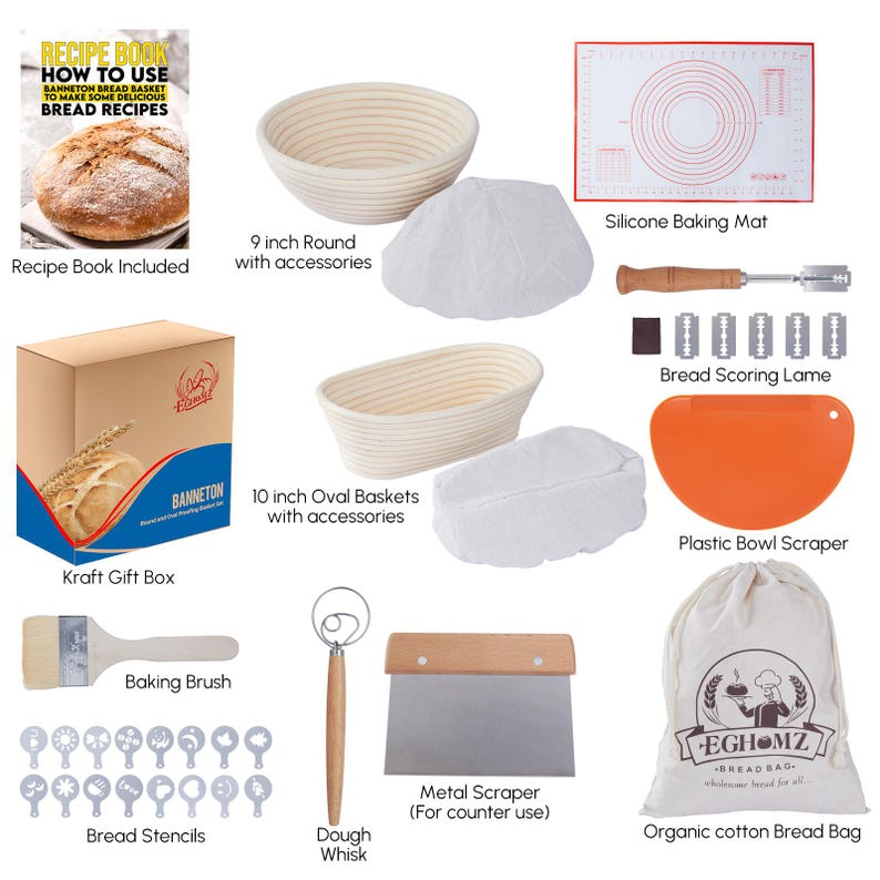 Puede incluir: Un conjunto de herramientas y accesorios para hornear pan que incluye un banneton redondo de 23 cm, un banneton ovalado de 25 cm, una estera de hornear de silicona, una cuchilla para marcar pan, un raspador de cuenco de pl&aacute;stico, un cepillo para hornear, un batidor de masa, un raspador de metal, plantillas para pan y una bolsa de pan de algod&oacute;n org&aacute;nico. El conjunto tambi&eacute;n incluye una caja de regalo de kraft y un libro de recetas.
