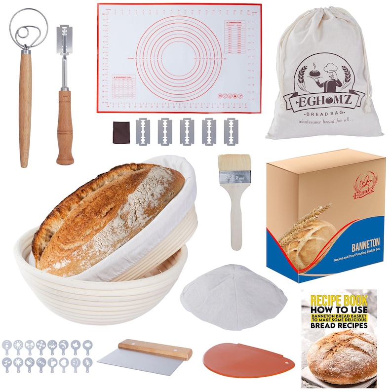 34 Pieces Banneton Bread Proofing Basket Set - 9 inch Round and 10 inch Oval Sourdough Bread Proofing Baskets - A Complete Bread Making Kit