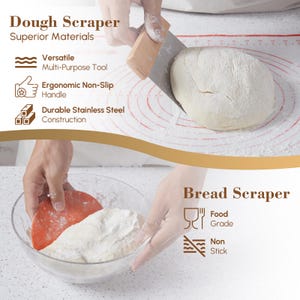 Puede incluir: Dos raspadores de masa, uno con mango de madera y hoja de acero inoxidable, el otro con hoja de pl&aacute;stico rojo. Ambos raspadores se muestran trabajando con masa. El texto "Dough Scraper" y "Bread Scraper" es visible en la imagen. El texto "Superior Materials" y "Versatile Multi-Purpose Tool" tambi&eacute;n es visible en la imagen.