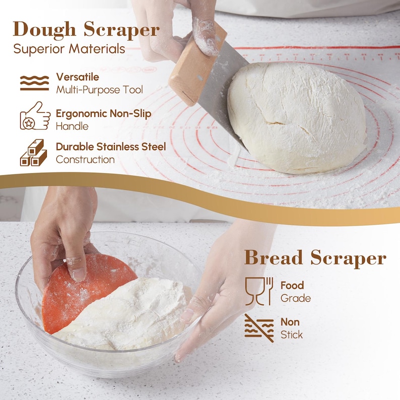 Puede incluir: Dos raspadores de masa, uno con mango de madera y hoja de acero inoxidable, el otro con hoja de pl&aacute;stico rojo. Ambos raspadores se muestran trabajando con masa. El texto "Dough Scraper" y "Bread Scraper" es visible en la imagen. El texto "Superior Materials" y "Versatile Multi-Purpose Tool" tambi&eacute;n es visible en la imagen.