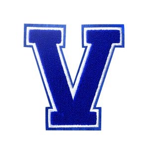 May include: Blue felt letter V with a white outline. The letter is a classic varsity style.