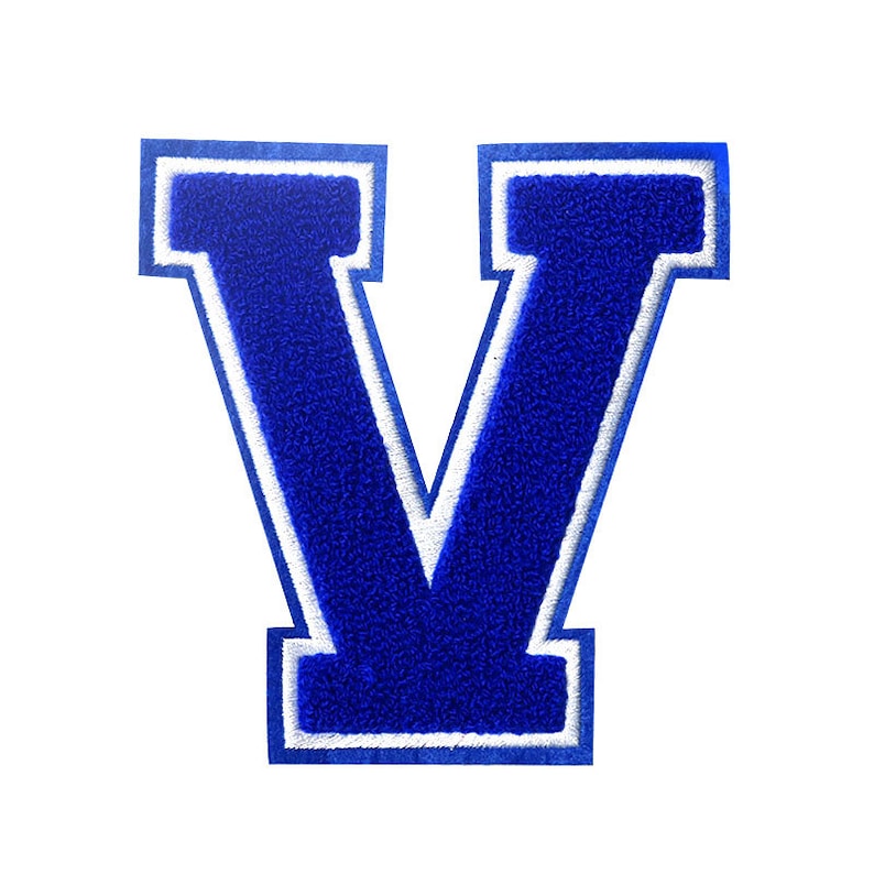 May include: Blue felt letter V with a white outline. The letter is a classic varsity style.