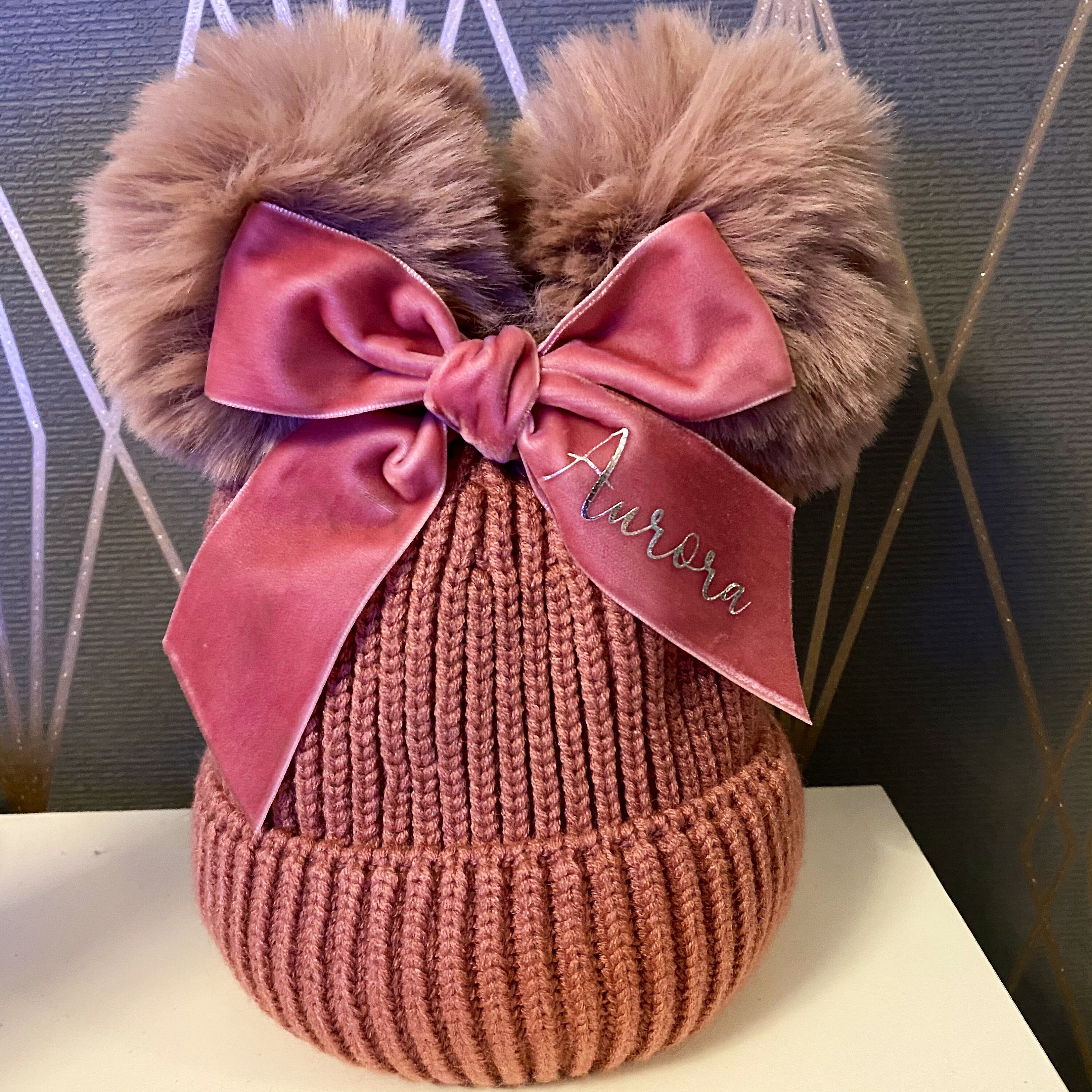 Personalised Double Pom Pom Hat With Bow Etsy UK