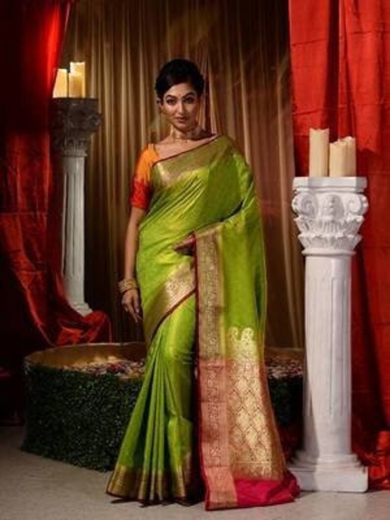 Lemon Green Zari Weaved Kanjivaram Saree With Blouse shops Piece With Stone Work