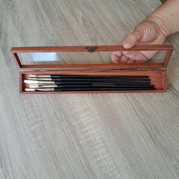 Pinsel-Aufbewahrungskoffer – Handgefertigte Holzkiste zum Transport von Pinseln – Pinseletui mit transparentem Deckel – Geschenk für Plein-Air-Künstler