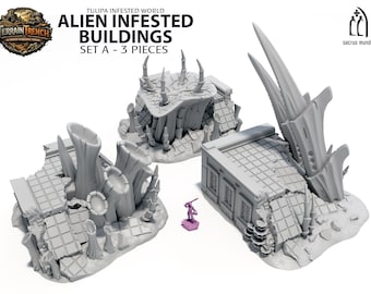 May include: Three gray, alien-infested building models. The buildings are partially destroyed, with organic, spiky growths. The text reads "ALIEN INFESTED BUILDINGS SET A - 3 PIECES". A small, purple figurine is included.