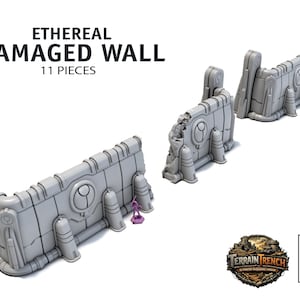 Puede incluir: Tres secciones de muro gris dañadas de estilo futurista. El texto "Ethereal Damaged Wall" y "11 Pieces" está impreso en la parte superior izquierda. Una pequeña figura púrpura se coloca cerca de una sección de pared. El logotipo de Terrain Trench está en la parte inferior derecha.