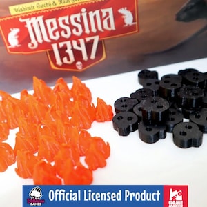 May include: A set of 3D printed game pieces for the board game Messina 1347. The set includes orange fire tokens and black skull tokens.
