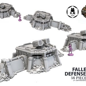 May include: Gray miniature terrain pieces for tabletop gaming, including fortified structures with missile launchers and defensive walls. The set includes 14 pieces, as indicated in the image. A small purple figurine is placed near the structures for scale.