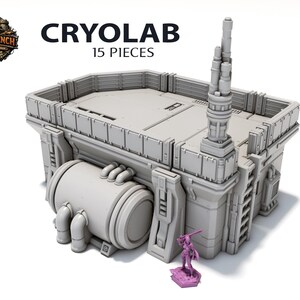 May include: A gray Cryolab model with the text "CRYOLAB 15 PIECES". The model features a cylindrical tank, a tall antenna-like structure, and a small purple figurine. The Terrain Trench logo is in the upper left corner.