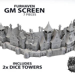 May include: A 7-piece grey tabletop game screen depicting a cityscape with a tower and multiple buildings. The screen includes 2 dice towers. The text "FURHAVEN GM SCREEN 7 PIECES" is at the top of the image. The text "INCLUDES 2x DICE TOWERS" is at the bottom of the image. The text "LICENSED FATESEND MERCHANT" is in a circular logo at the bottom right of the image.