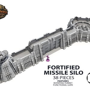 May include: A gray, fortified missile silo model with a rotating turret and functional gate. The model is composed of 38 pieces and features a detailed design. The image includes the text "Fortified Missile Silo" and a logo.