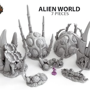 Pode incluir: Um conjunto de sete peças cinzentas de terreno de mundo alienígena para jogos de mesa. As peças incluem várias estruturas de aspeto orgânico com formas pontiagudas e bulbosas. O texto "ALIEN WORLD 7 PIECES" é exibido.