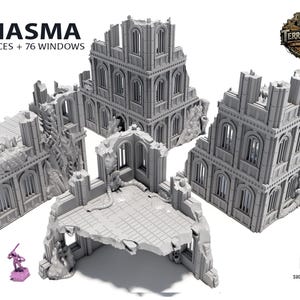 Puede incluir: Un conjunto de edificios grises en ruinas de estilo gótico para juegos de mesa. El conjunto incluye 10 piezas con 76 ventanas, con la palabra "MIASMA" en la parte superior. Las piezas son muy detalladas y diseñadas para parecer una ciudad destruida.