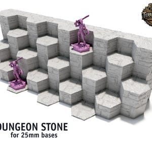 Puede incluir: Una pieza de terreno de piedra de mazmorra gris con escalones hexagonales, diseñada para bases de 25 mm. Dos figuras en miniatura moradas están de pie en los escalones. El texto "DUNGEON STONE" se muestra debajo.