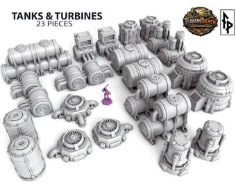 May include: A collection of 23 gray plastic tanks and turbines, perfect for tabletop gaming. The set includes various cylindrical tanks, turbine-like structures, and a small purple figurine. The text "TANKS & TURBINES" is displayed at the top.