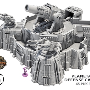 May include: A gray Planetary Defense Cannon model with multiple turrets and a large central cannon. The model includes 65 pieces and is designed for tabletop gaming. The image also includes the TerrainTrench logo.