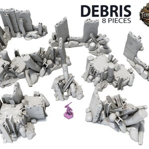 May include: Eight grey resin debris pieces for tabletop gaming, including broken walls, rubble, and cylindrical structures. The word "DEBRIS" and "8 PIECES" are printed in black text. A small purple miniature figure is included.