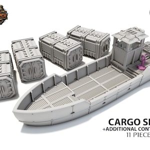 May include: A gray cargo ship model with additional containers. The model includes a ship, containers, and a control tower. The text on the image reads "CARGO SHIP + ADDITIONAL CONTAINERS 11 PIECES".