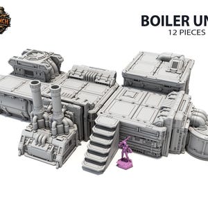 Könnte beinhalten: Graue, modulare Kesseleinheit mit mehreren Komponenten, darunter Schornsteine, Plattformen und eine zylindrische Struktur. Die Einheit ist für Tabletop-Spiele konzipiert und enthält 12 Teile. Eine kleine, lila Miniaturfigur ist zur Maßstabsbestimmung enthalten.