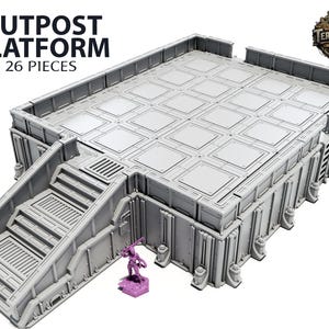 Op de afbeelding: Een grijs Outpost Platform model met 26 onderdelen, met een trap en een getextureerd oppervlak. Het platform heeft een futuristisch ontwerp, geschikt voor tabletop games. Een klein paars figuur is inbegrepen.