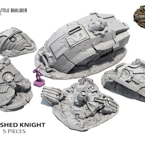 Könnte beinhalten: Ein Set aus fünf grauen, Miniatur-Geländeteilen eines abgestürzten Ritters für Tabletop-Spiele. Die Teile umfassen verschiedene Abschnitte eines beschädigten Fahrzeugs, mit detaillierten Texturen und einer kleinen lila Figur zur Maßstabsbestimmung. Der Text "CRASHED KNIGHT 5 PIECES" ist sichtbar.