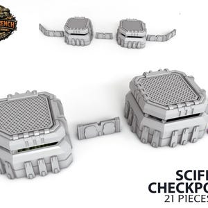 Könnte beinhalten: Ein Set aus 21 grauen Kunststoff-Sci-Fi-Checkpoint-Teilen für Tabletop-Gaming. Das Set enthält mehrere Checkpoint-Strukturen mit Gittern, Verbindungs-Wandabschnitte und eine kleine lila Figur. Das Produkt ist von TerrainTrench.