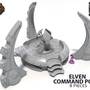 May include: A gray Elven Command Point, a piece of war scenery, with a central circular platform and four curved, arching supports. A small purple figurine stands nearby. The text "ELVEN COMMAND POINT 8 PIECES" is visible.