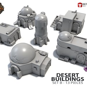 Può includere: Una collezione di edifici in miniatura grigi per giochi da tavolo, tra cui strutture a cupola, una torre alta e abitazioni rettangolari. Il set presenta vari dettagli architettonici come porte ad arco, prese d'aria e tetti piatti, con una piccola figura viola inclusa.