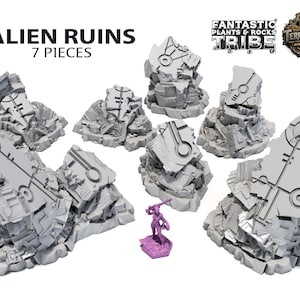 May include: A set of seven gray alien ruin models with geometric designs, perfect for tabletop gaming. A small purple figurine stands near the ruins. The text "ALIEN RUINS 7 PIECES" is displayed at the top.