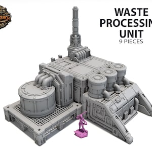 May include: A grey, 3D-printed Waste Processing Unit model with multiple cylindrical tanks and a tall central structure. The model includes a small, pink figurine and the text "WASTE PROCESSING UNIT 9 PIECES".