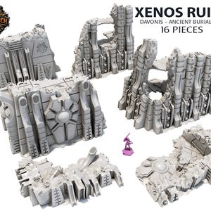Può includere: Un set di 16 pezzi di terreno Xenos Ruins grigi, per giochi da tavolo. I pezzi raffigurano strutture futuristiche e usurate. Il testo "Xenos Ruins" e "Davonis - Ancient Burial Site" sono visibili. Misure metriche non applicabili.
