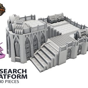 May include: A gray 3D printed wargaming terrain research platform consisting of 10 pieces, featuring gothic architectural elements, stairs, and control consoles. A small purple miniature figure stands next to the structure, which includes the text RESEARCH PLATFORM 10 PIECES.