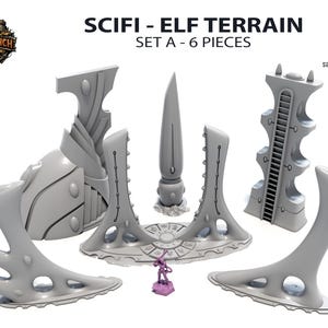 Op de afbeelding: Een set van zes grijze, futuristische terreinstukken voor tabletop gaming. De stukken omvatten verschillende architecturale vormen, een centraal platform en een kleine paarse miniatuurfiguur. De tekst "SCIFI - ELF TERRAIN" is zichtbaar.