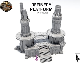 May include: A gray 14-piece refinery platform model kit featuring two tall industrial towers connected by a central walkway, a staircase leading to the base, and intricate mechanical detailing. The text REFINERY PLATFORM 14 PIECES is visible.