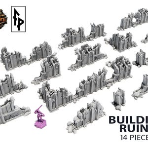 May include: A set of 14 grey building ruins, ideal for tabletop gaming. The pieces vary in size and shape, with detailed architectural features. A small purple miniature figure stands near the ruins. The text "BUILDING RUINS 14 PIECES" is displayed.