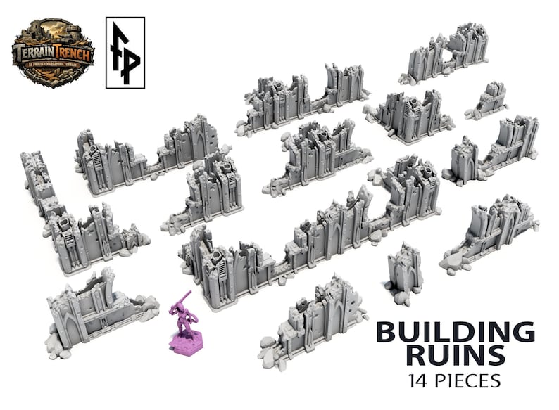 May include: A set of 14 grey building ruins, ideal for tabletop gaming. The pieces vary in size and shape, with detailed architectural features. A small purple miniature figure stands near the ruins. The text "BUILDING RUINS 14 PIECES" is displayed.