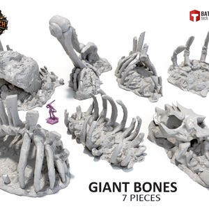 May include: Seven grey giant bone pieces for tabletop gaming. Includes a skull, rib cage, and other bone structures. A miniature figure is included for scale. The text "GIANT BONES 7 PIECES" is displayed.