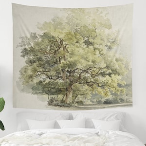 Vintage Tree Tapestry, Botanical Wall Art, Tree Wall Art, Tree Wall Hanging, Tree Decor, Tree Painting, Green Tree Print, Tree Watercolor