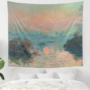 Monet Tapestry, Claude Monet Art, Sunset Tapestry, Impressionist Art, Dorm Tapestry, Ocean Sunset, Ocean Tapestry, Painting Tapestry