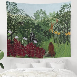 トロピカル タペストリー、ジャングル デコレーション、植物タペストリー、サルの壁アート、アンリ ルソー、植物画、トロピカル ウォール アート、トロピカル デコレーション