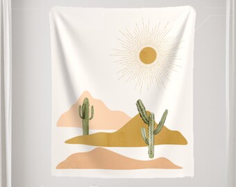 Tapiz bohemio, tapiz de cactus, tapiz de desierto, tapiz bohemio, tapiz dorado, tapiz de naturaleza, arte mural de cactus, decoración desértica